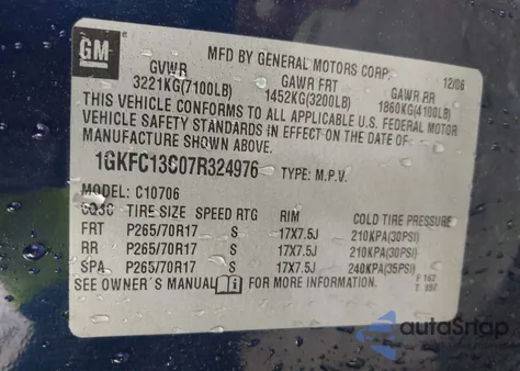 2007 GMC Yukon Sle from USA, damaged, VIN 1GKFC13C07R324976